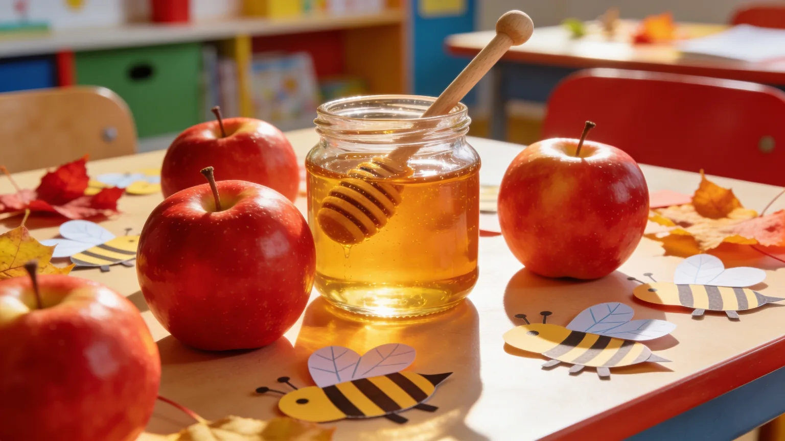 Apples and honey on a classroom table for sweet-new-year Rosh Hashanah songs for kids