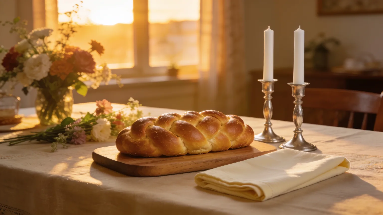 Challah and unlit candles ready before sundown, when Shabbat songs for kids are practiced