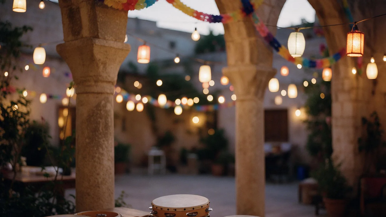 Dusk courtyard scene with lanterns, streamers, tambourines and folded prayer shawls on a wooden table, soft evening light, no people