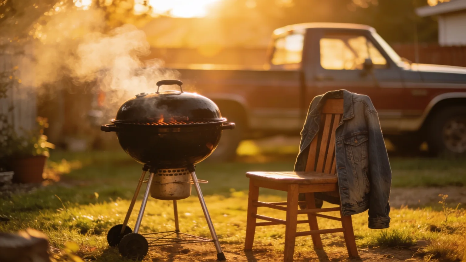 A backyard grill smoking at golden hour with Dad's jacket on the chair, the everyday scene a personalized song for Dad turns into lyrics