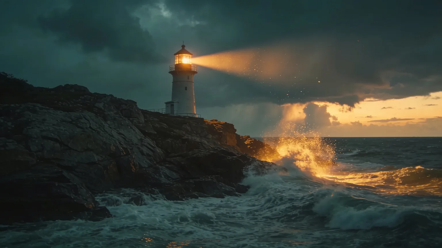 Lighthouse beam holding steady over a rough sea at dusk, the steadfast spirit that songs about courage are written for