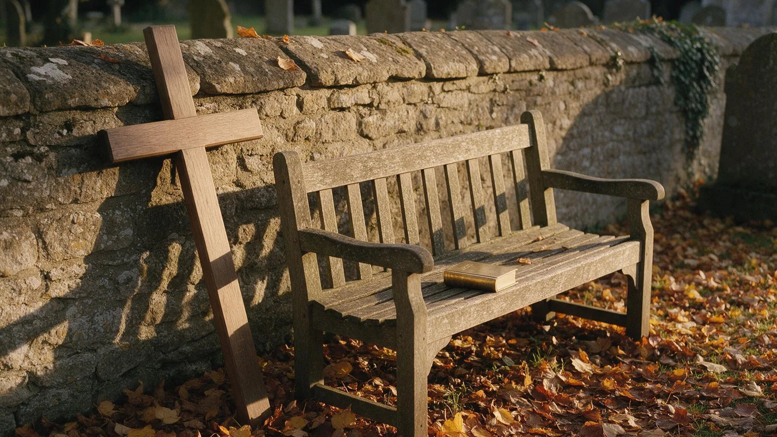 Autumn churchyard scene at golden hour with a wooden cross leaning against a stone wall and a brass hymnbook on a bench; warm tones, textured light, no people