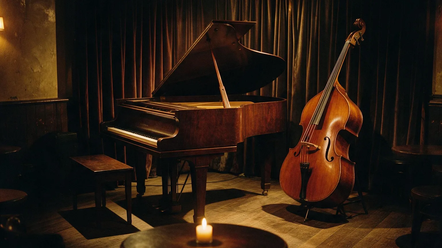 Dim vintage jazz club with piano, upright bass and candlelit table under warm amber lighting; no people