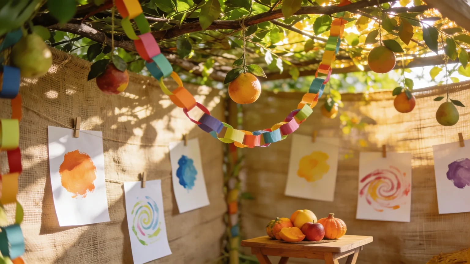 Paper chains and sunlight inside a decorated sukkah where Sukkot songs for kids are sung