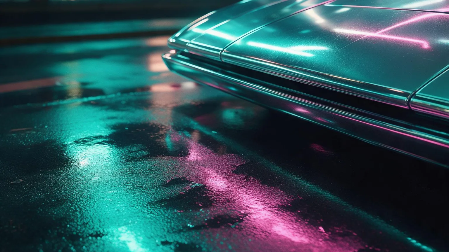 Wet metropolitan overpass at night with neon reflections on asphalt and chrome vehicle hood, teal and magenta tones, cinematic texture, no people