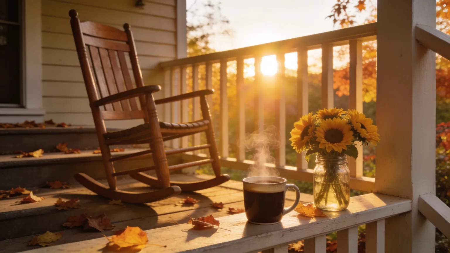 Rocking chair, hot coffee, and red poppies on a golden autumn porch, a quiet setting for a thank a veteran song of gratitude