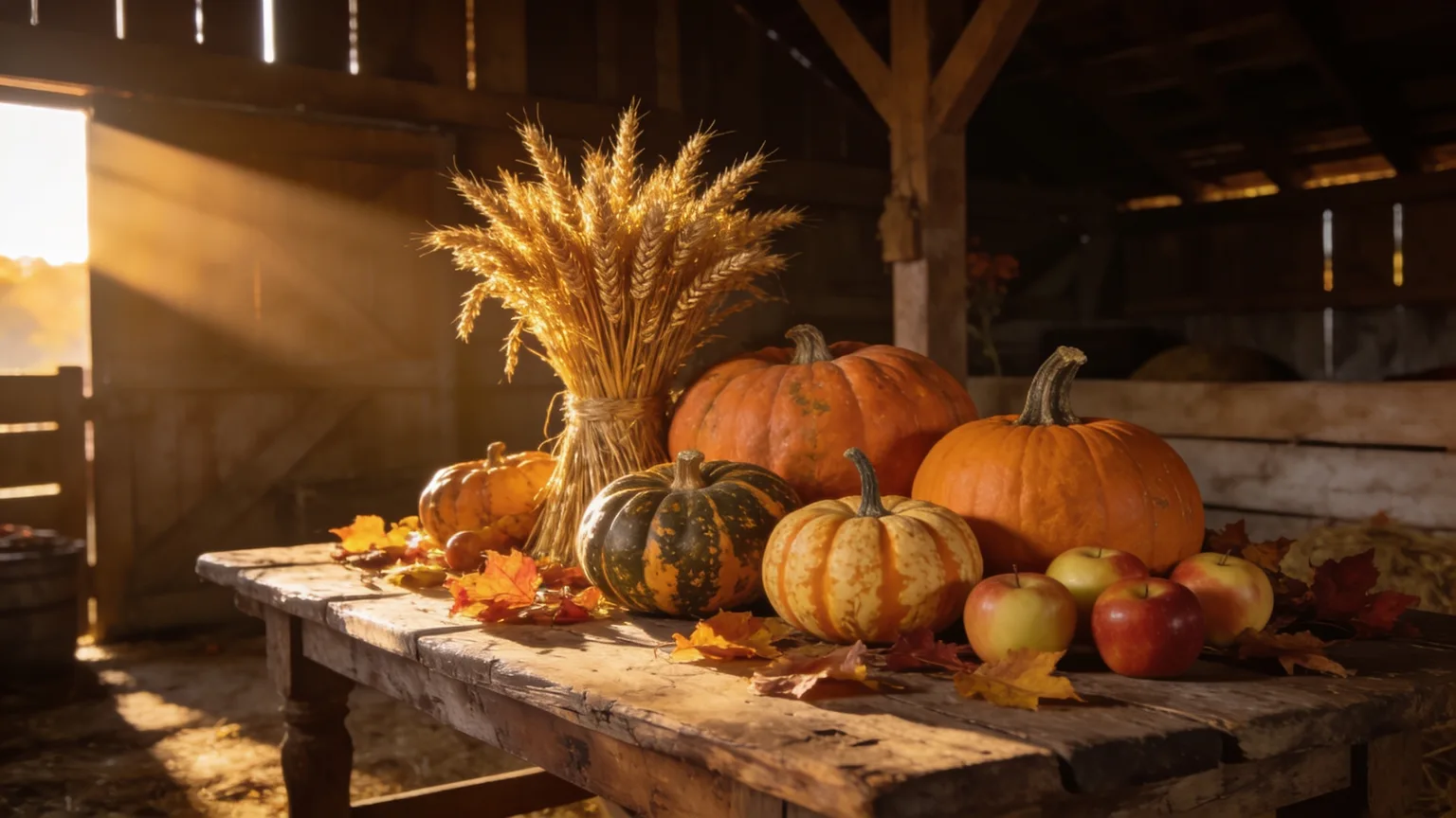 Pumpkins, wheat, and autumn leaves piled on a rustic table in golden light, the harvest gratitude at the heart of a Thanksgiving worship song
