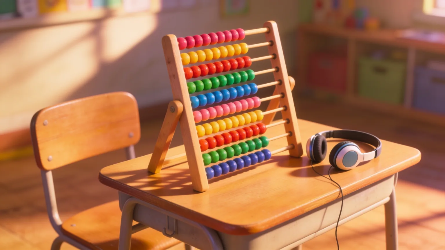 Colorful abacus and small headphones on a sunlit desk, ready for a times tables song that makes multiplication stick