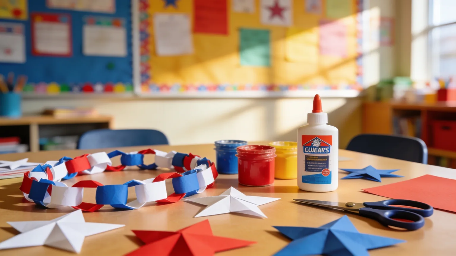 Paper stars and red, white, and blue chains on a classroom craft table, assembly prep for Veterans Day songs for kids