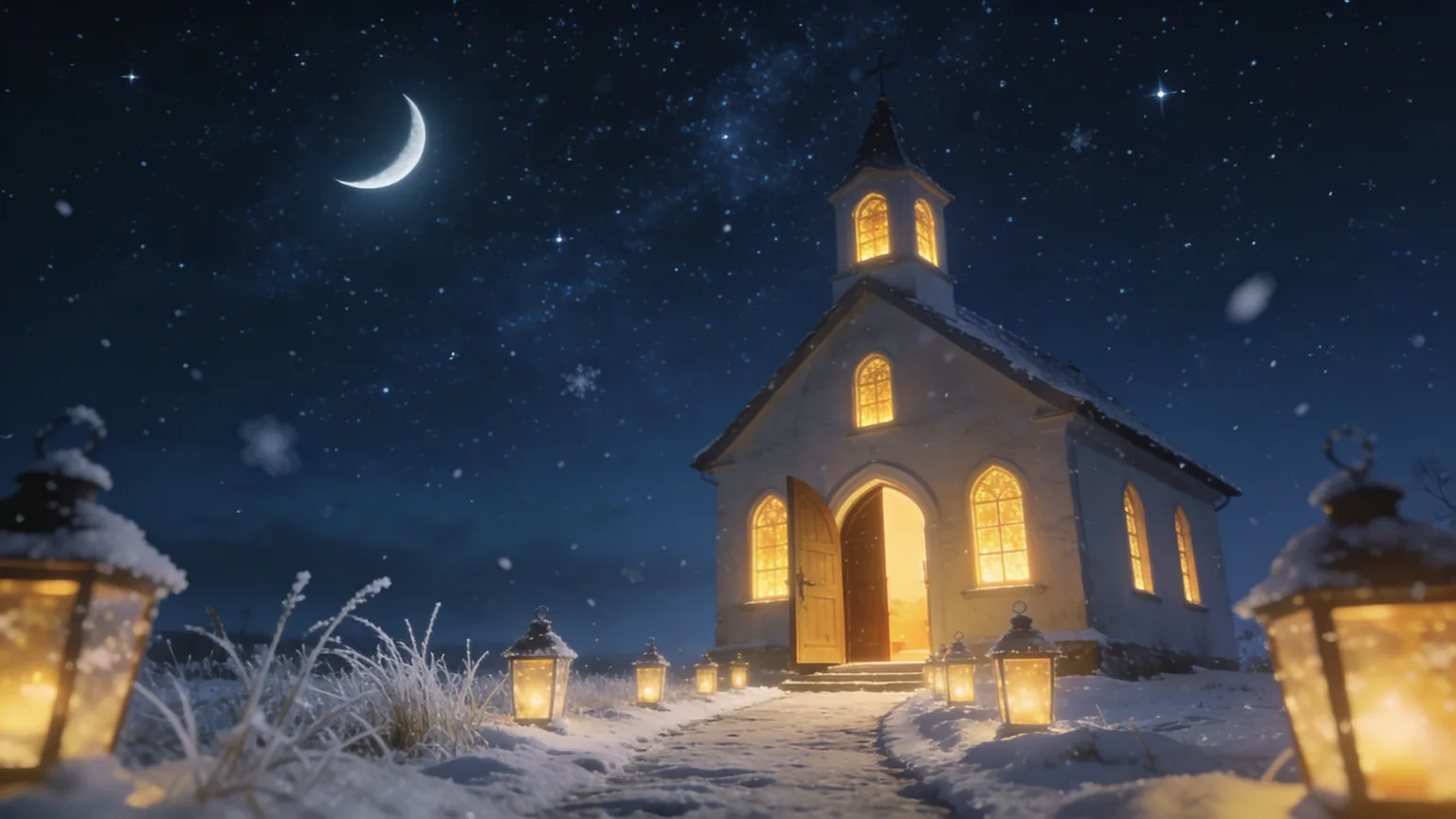 A chapel glowing warmly under a starry midnight sky, the gathering place for Watch Night service songs as the new year arrives