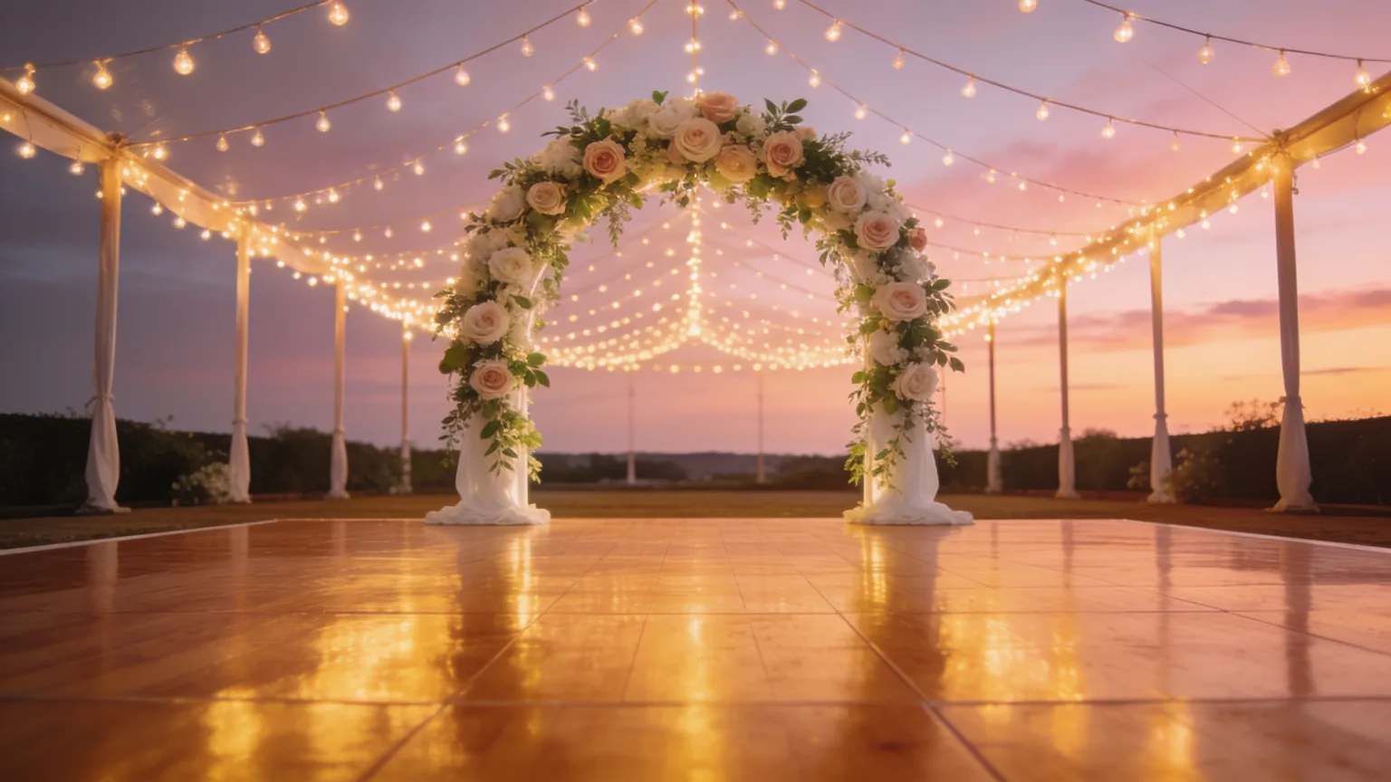 String lights glowing over an empty dance floor and floral arch, waiting for the first dance to a custom wedding song