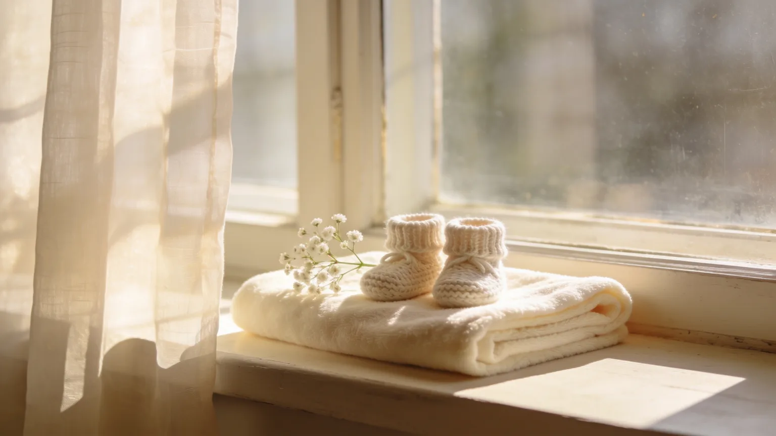 Tiny knitted booties and a soft blanket waiting in morning light, the arrival a welcome baby song celebrates