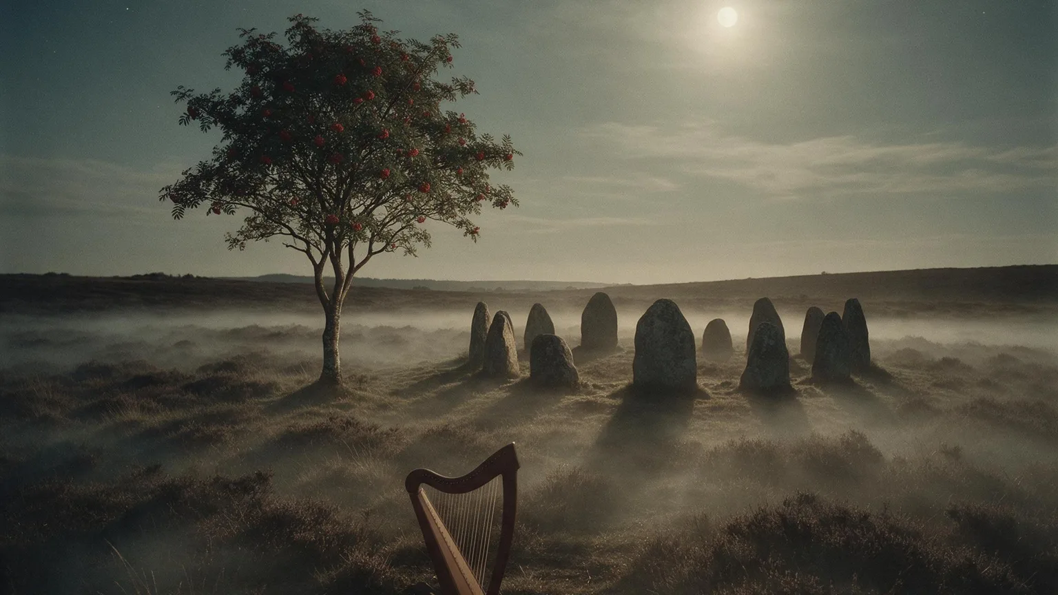 Moonlit heath with a rowan tree, mist across grasses, a wooden harp and standing stones; cool teal and sepia tones, textured film grain, no people