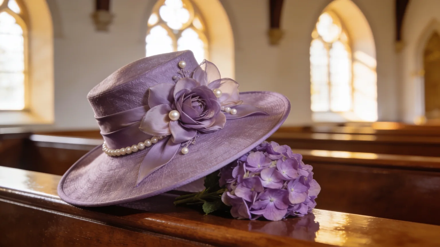 An elegant lavender Sunday hat and hydrangeas resting on a pew, dressed for the service where Women's Day church songs are sung