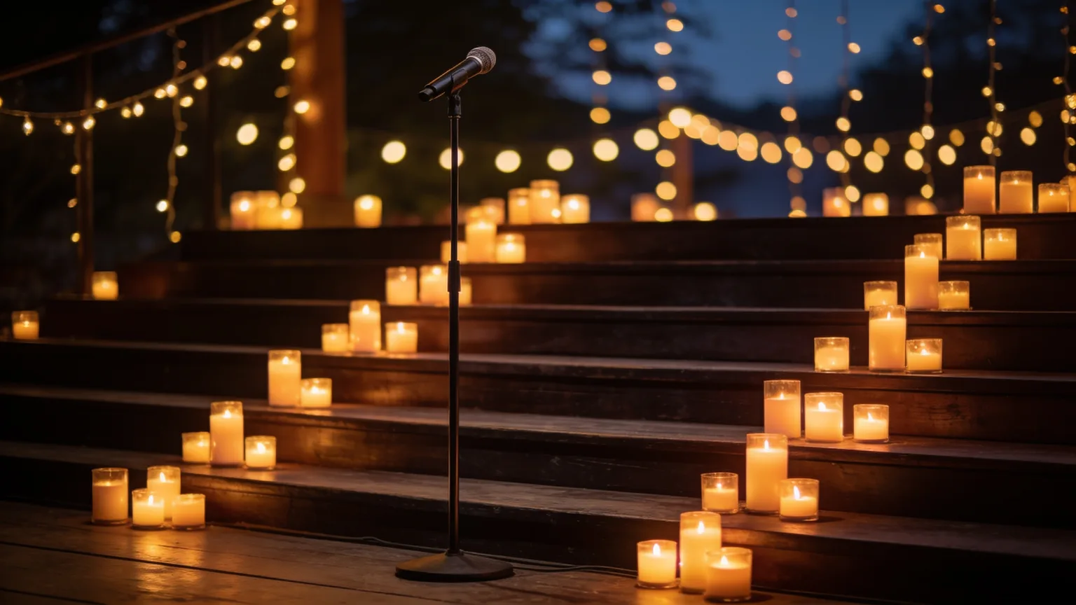 A microphone stand waiting on a candlelit stage under string lights, the setting worship night songs are chosen to fill