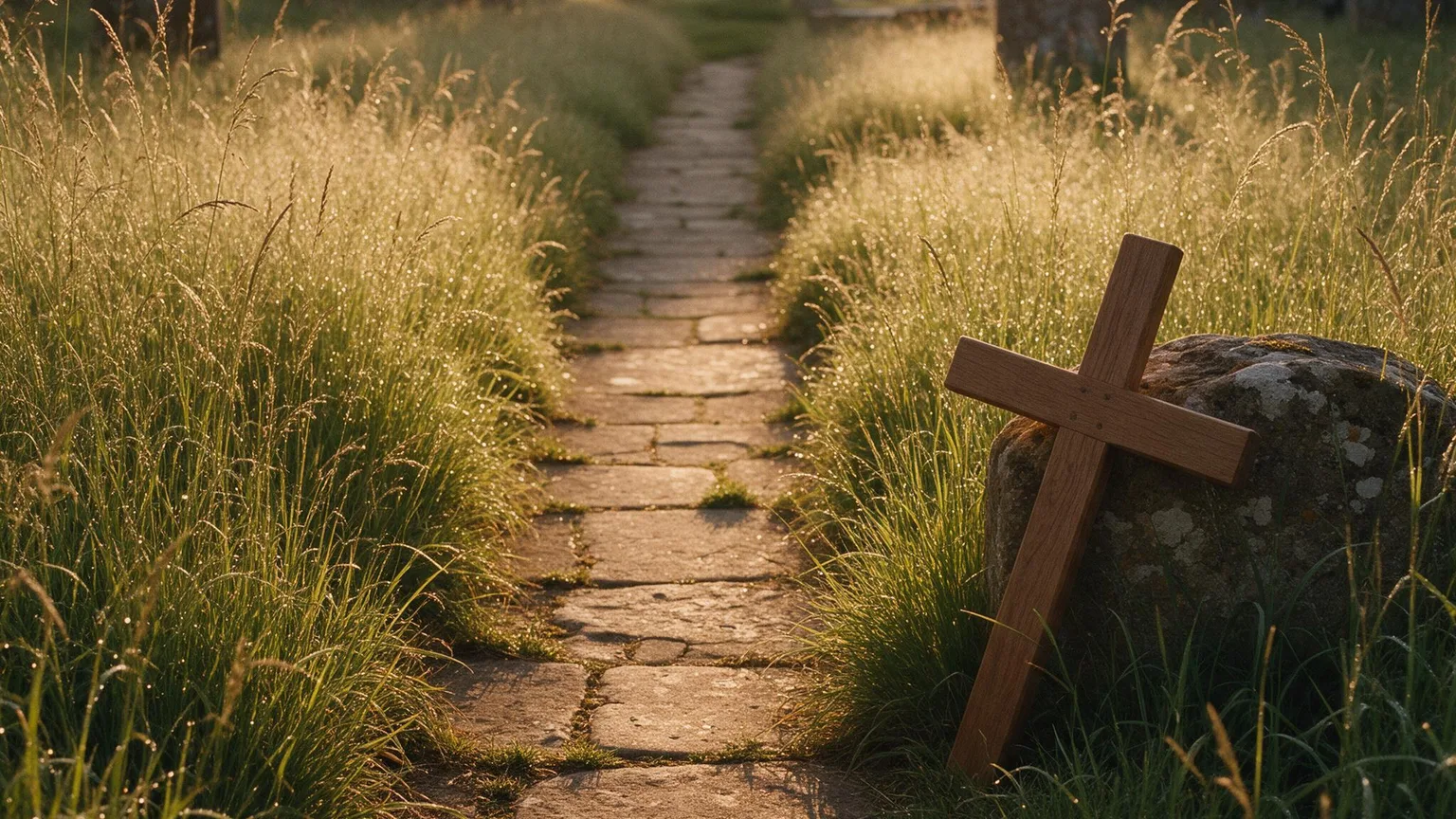 Autumn golden light on a stone church path with dew-soaked grass and a wooden cross leaning against weathered stone, warm tones, no people