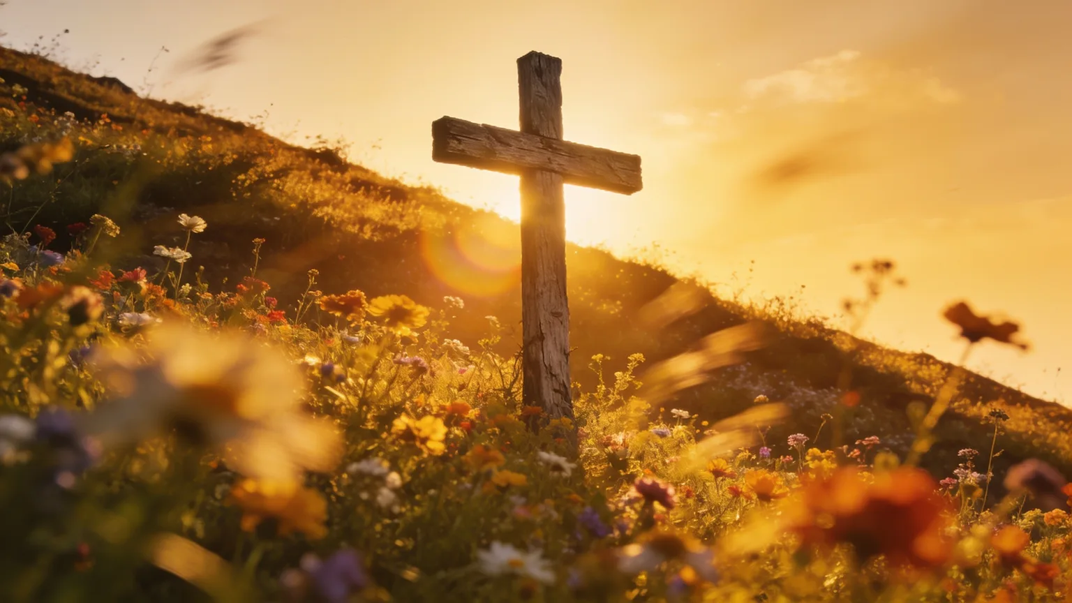 A wooden cross on a wildflower hillside flooded with golden light, the vastness worship songs about God's love try to sing