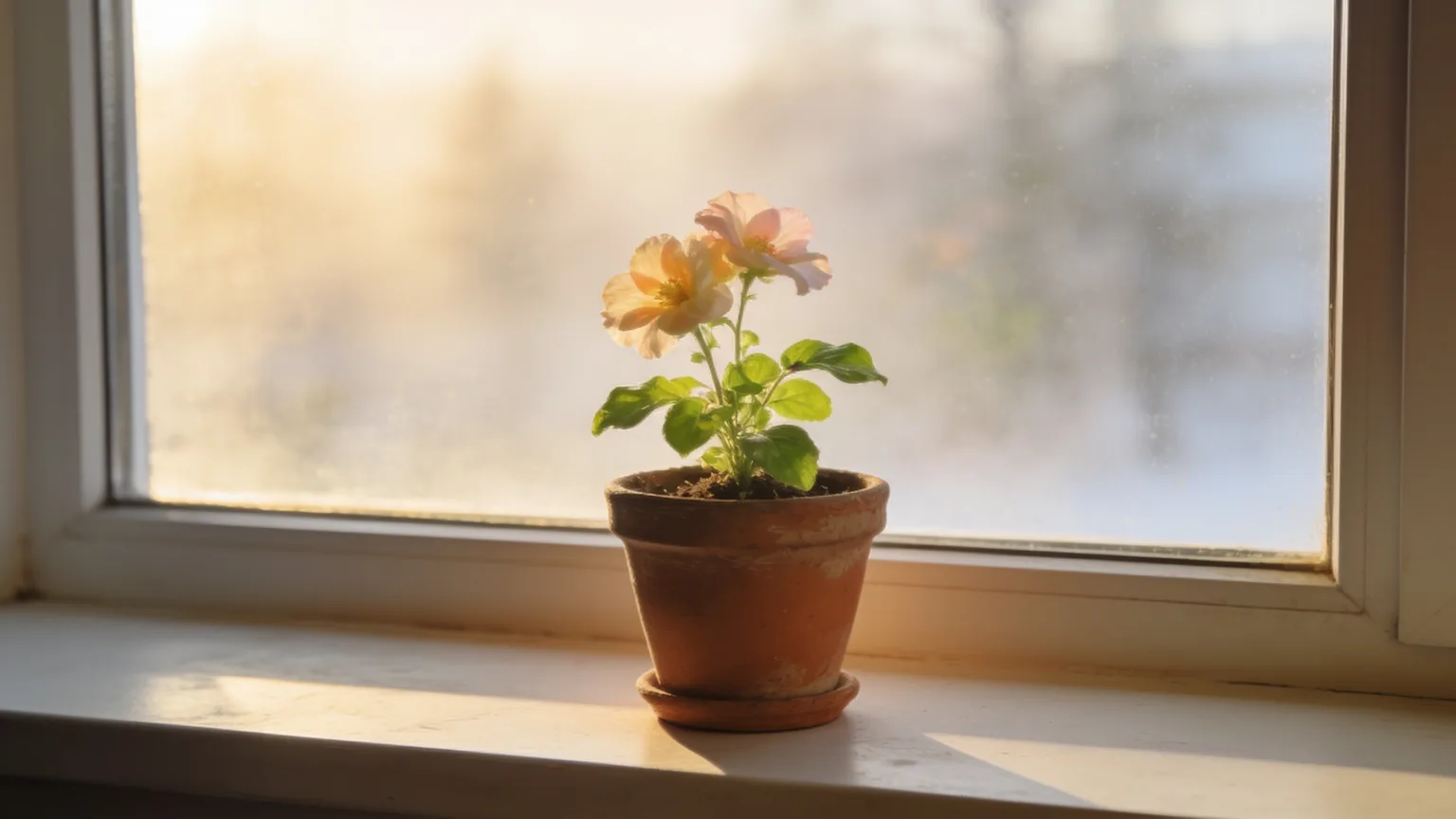 A flowering plant reaching into gentle dawn light on a windowsill, the quiet restoration worship songs about healing pray for
