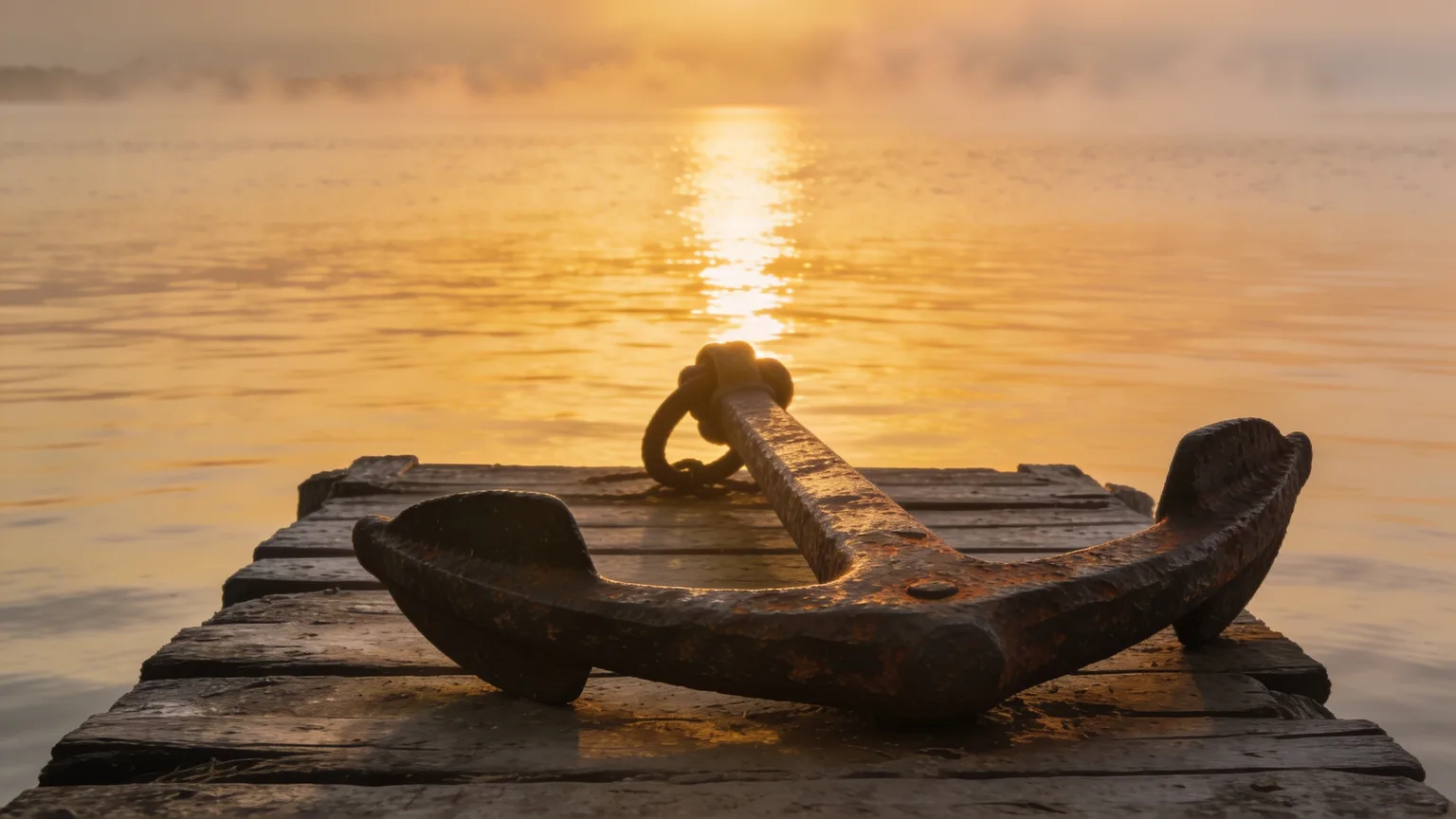 An old anchor on a pier facing a calm golden sunrise, the steady promise worship songs about hope hold onto