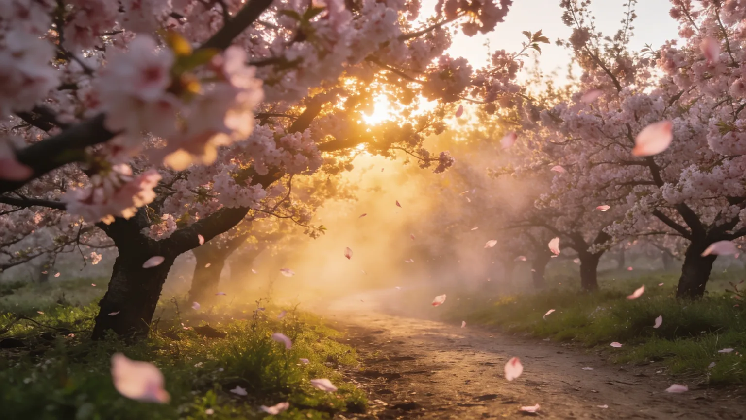 A path opening through a blossoming orchard in dawn mist, the fresh start worship songs about new beginnings celebrate
