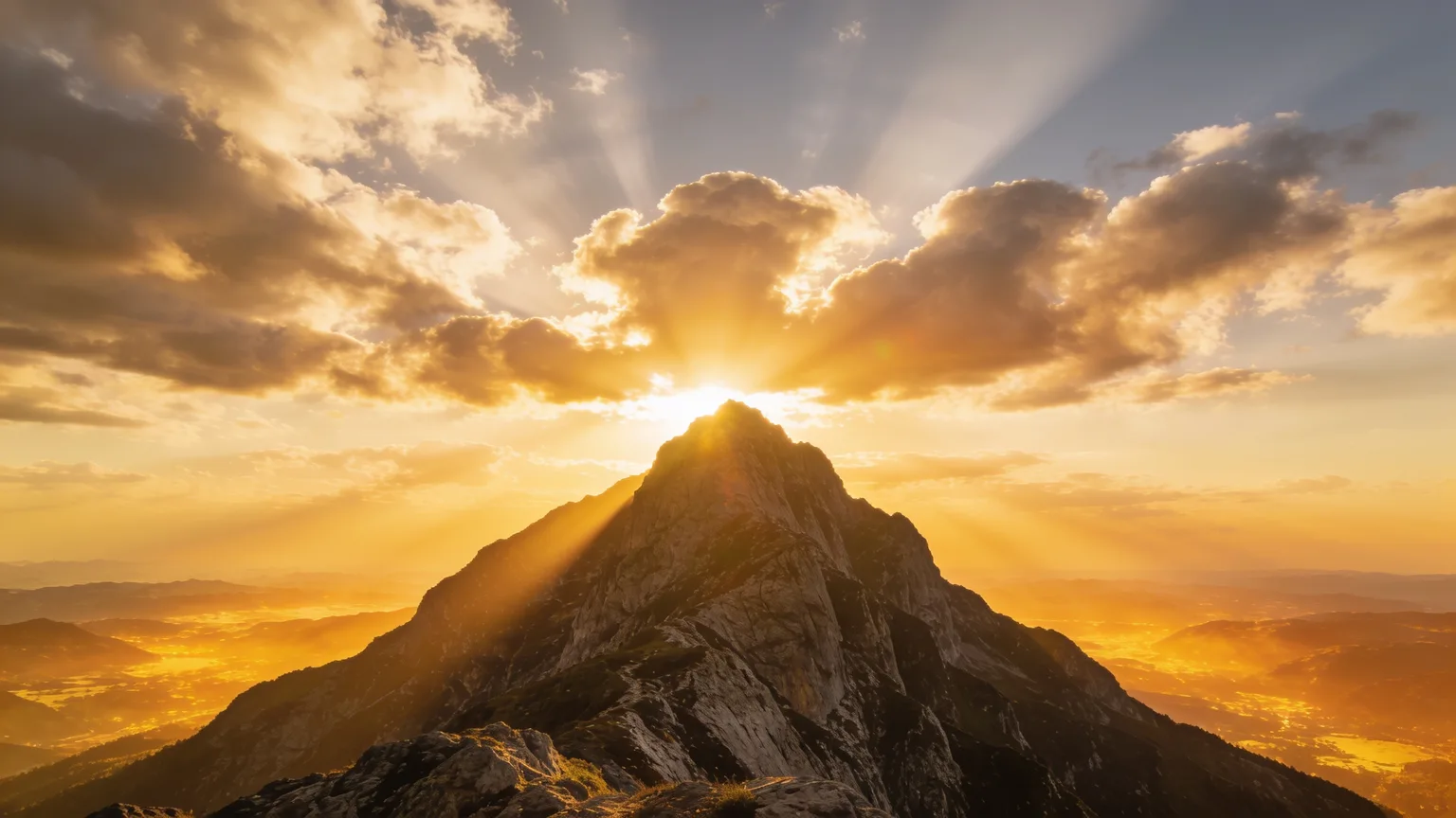 Sunrise breaking over a mountain summit through parting clouds, the breakthrough feeling worship songs about victory are built on