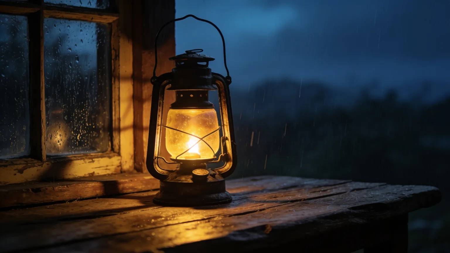 A lantern burning steadily against a rain-streaked window at dusk, the stubborn light worship songs for hard times keep alive