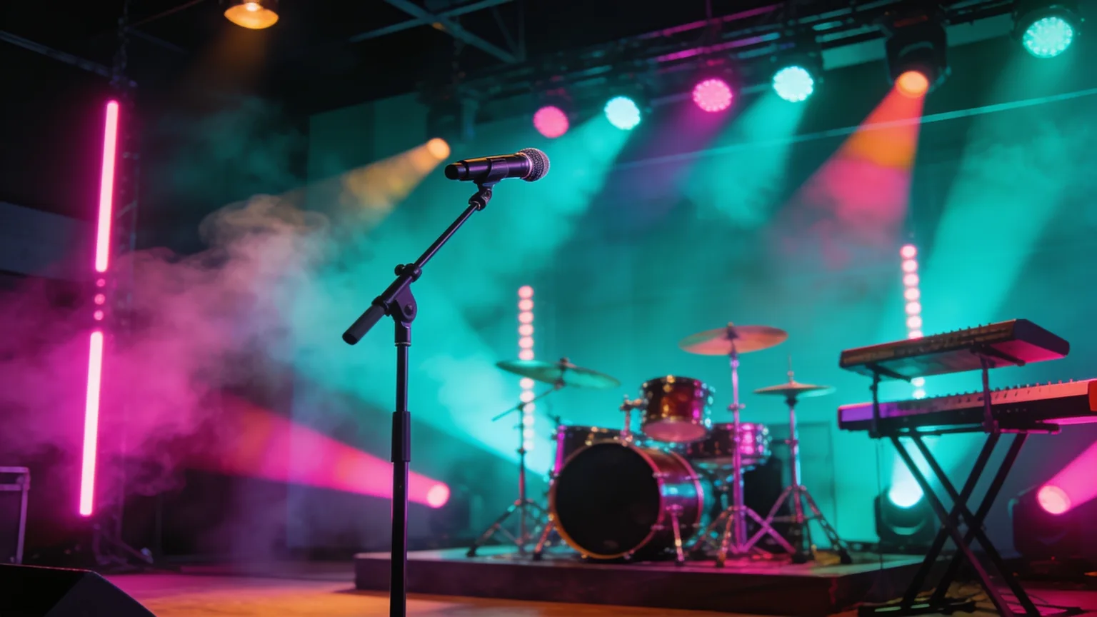 A microphone waiting on a colorful youth stage lit in teal and magenta, set up for the next generation to lead Youth Day church songs